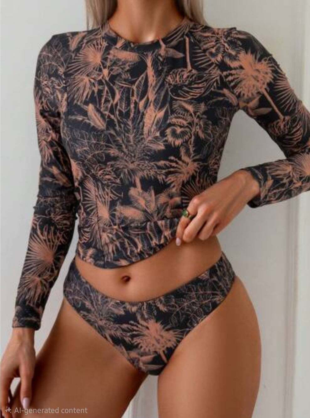 Women Long Sleeve 2Piece Sun Protection Swimsuit Rash Guard Floral Water Sports